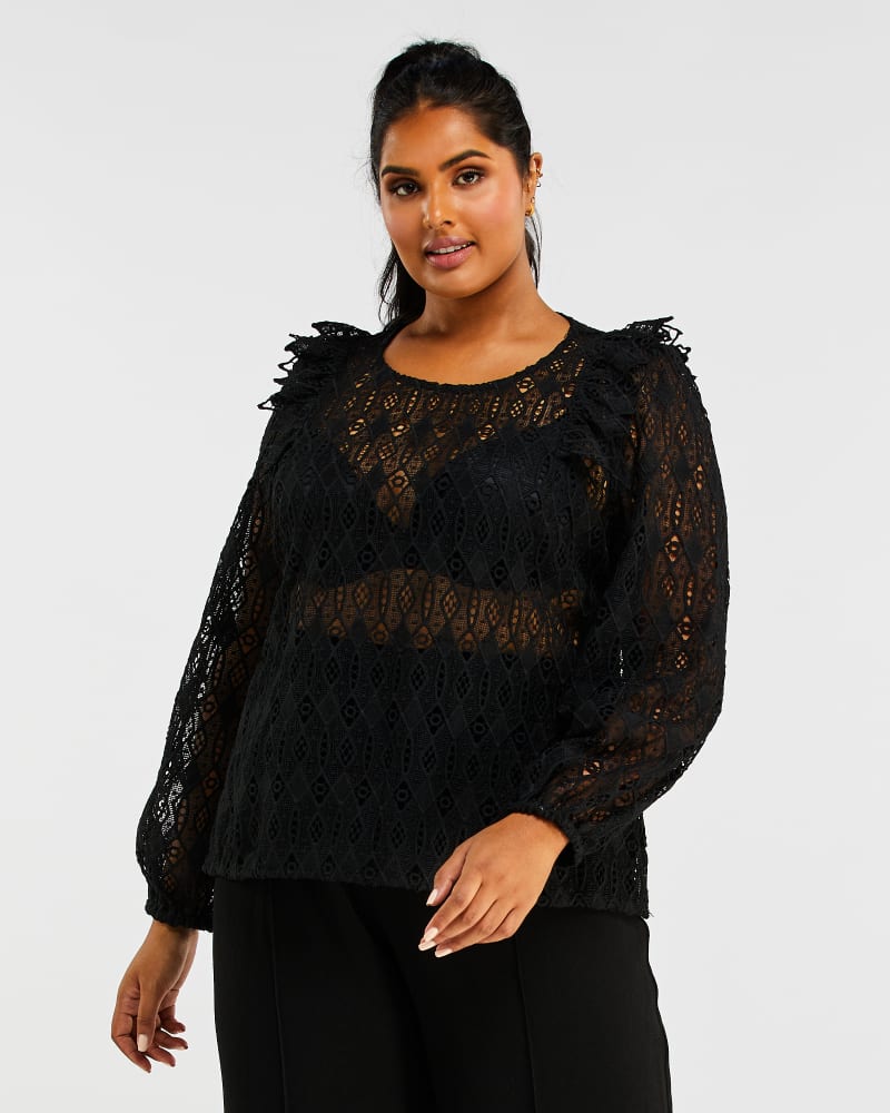 Front of a model wearing a size 1X Tia Lace Top in Black by Estelle. | dia_product_style_image_id:235020